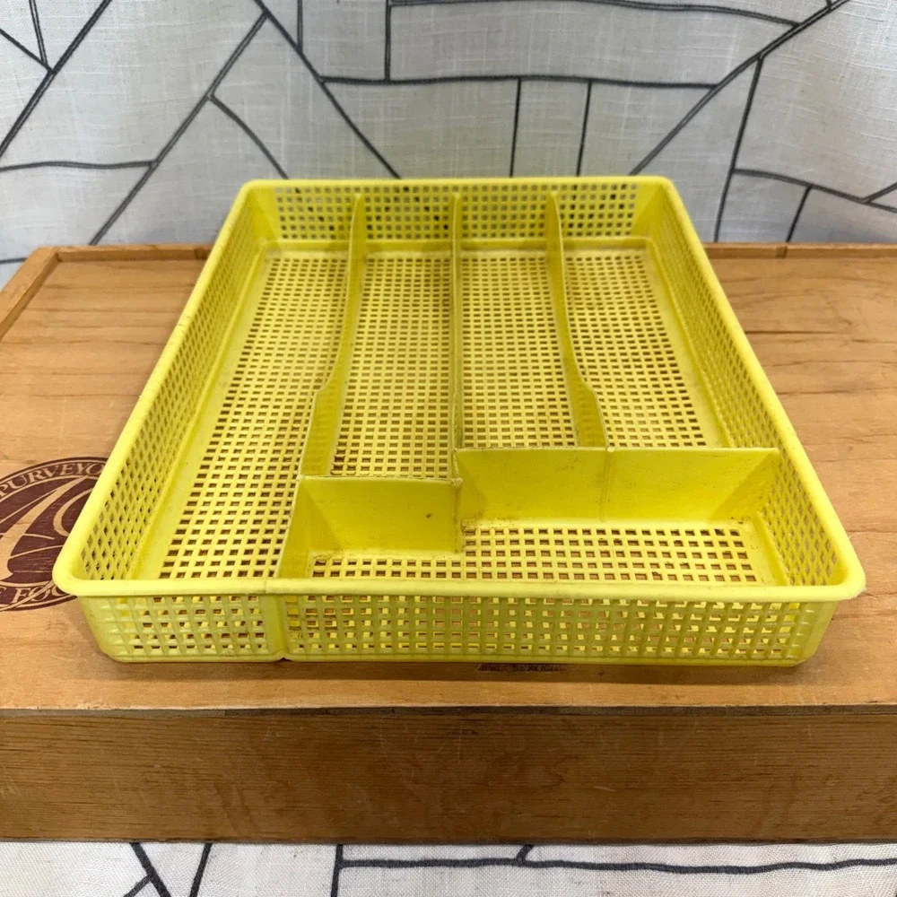 Vintage Yellow Plastic Mesh Silverware Drawer Organizer 5 Compartment Tray Retro